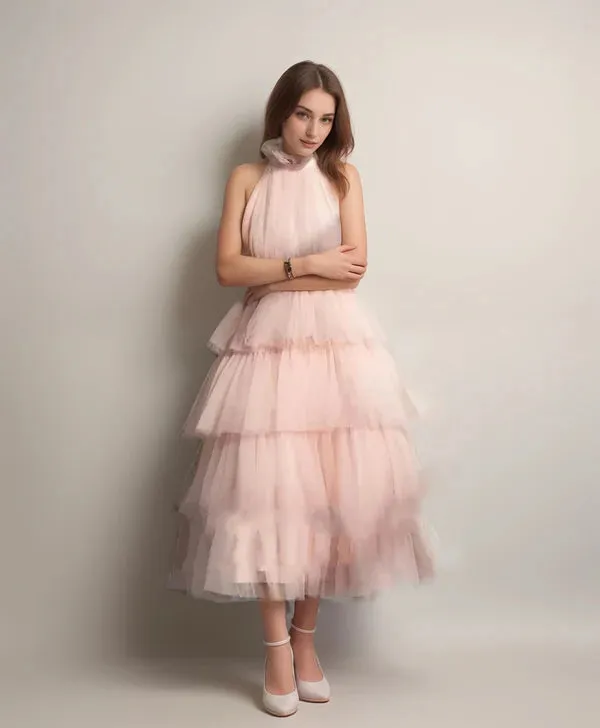 Ruffle Layered tulle Hem Haltered A-line tutu French style long prom dress