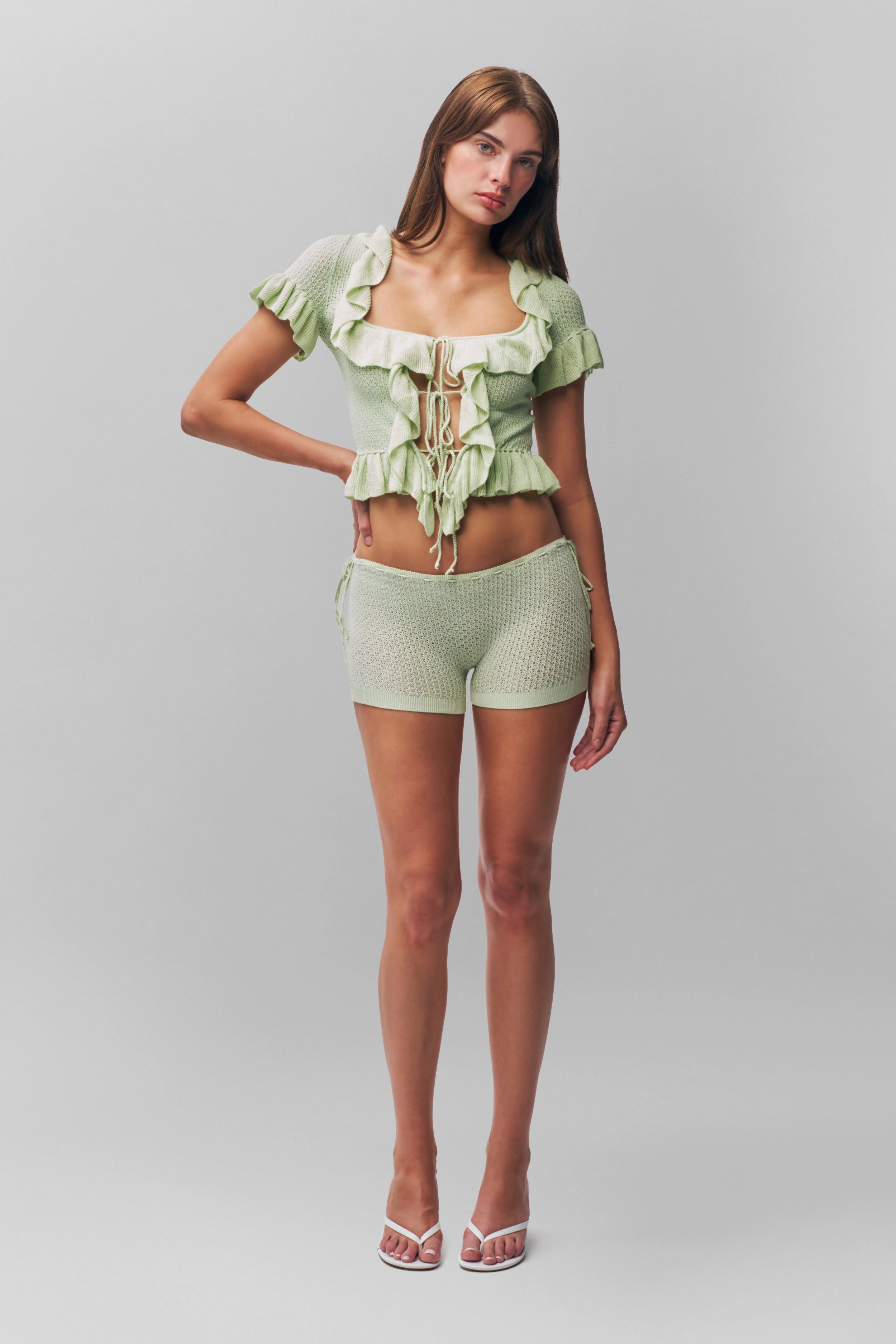 Hand Linked Seams Natural Drape Ruffle Knit Tie Top