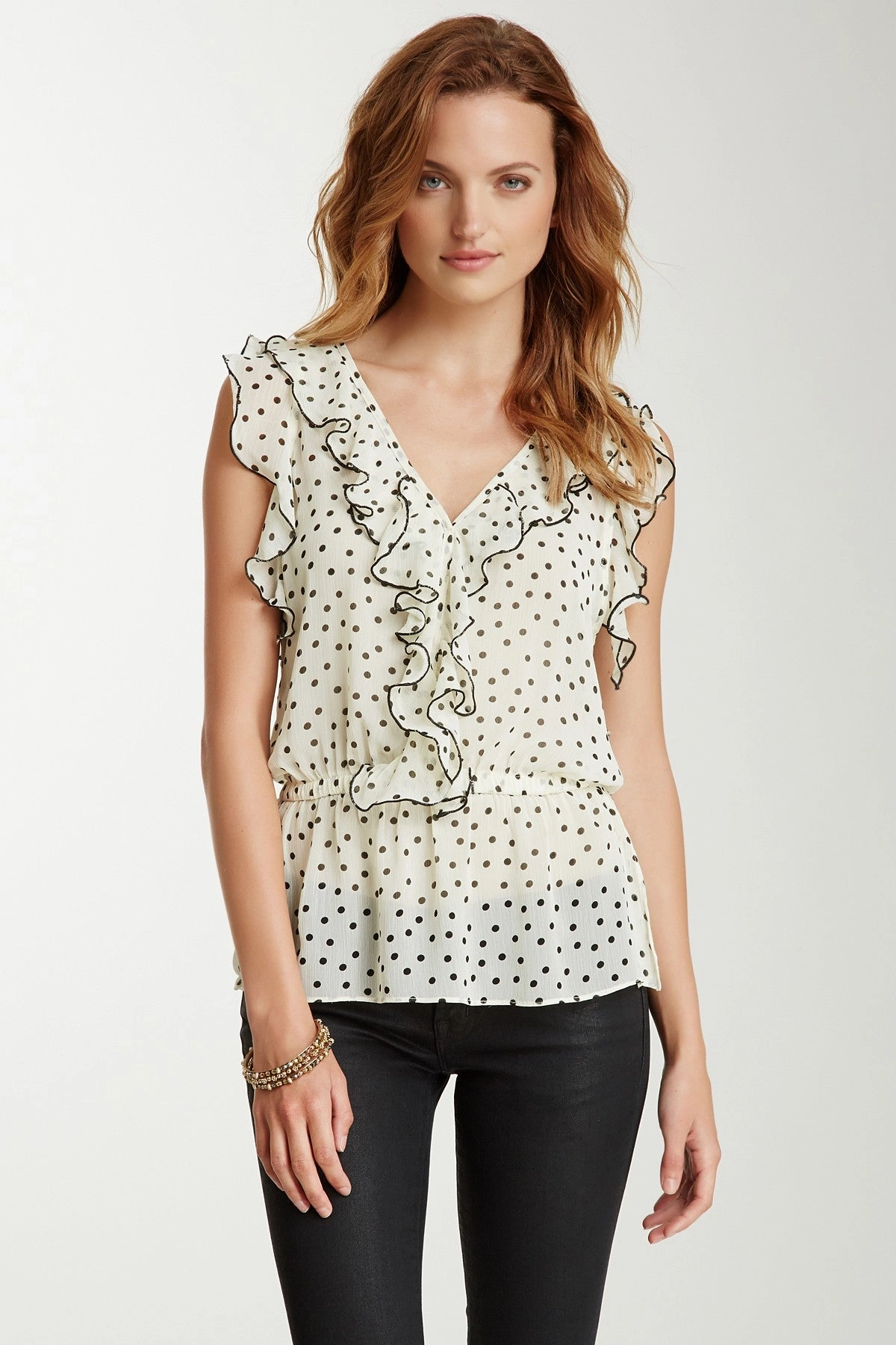 AbrasionResistant Edging Ruffle V-Neck Peplum Top - Cream-Black Dot