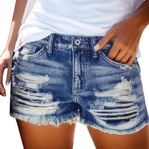 Rvidbe Jean Shorts Womens High Waisted Women's Ripped Denim Shorts Mid Rise Distressed Jean Shorts Stretchy Short Jeans Denim Shorts Women Knee Length