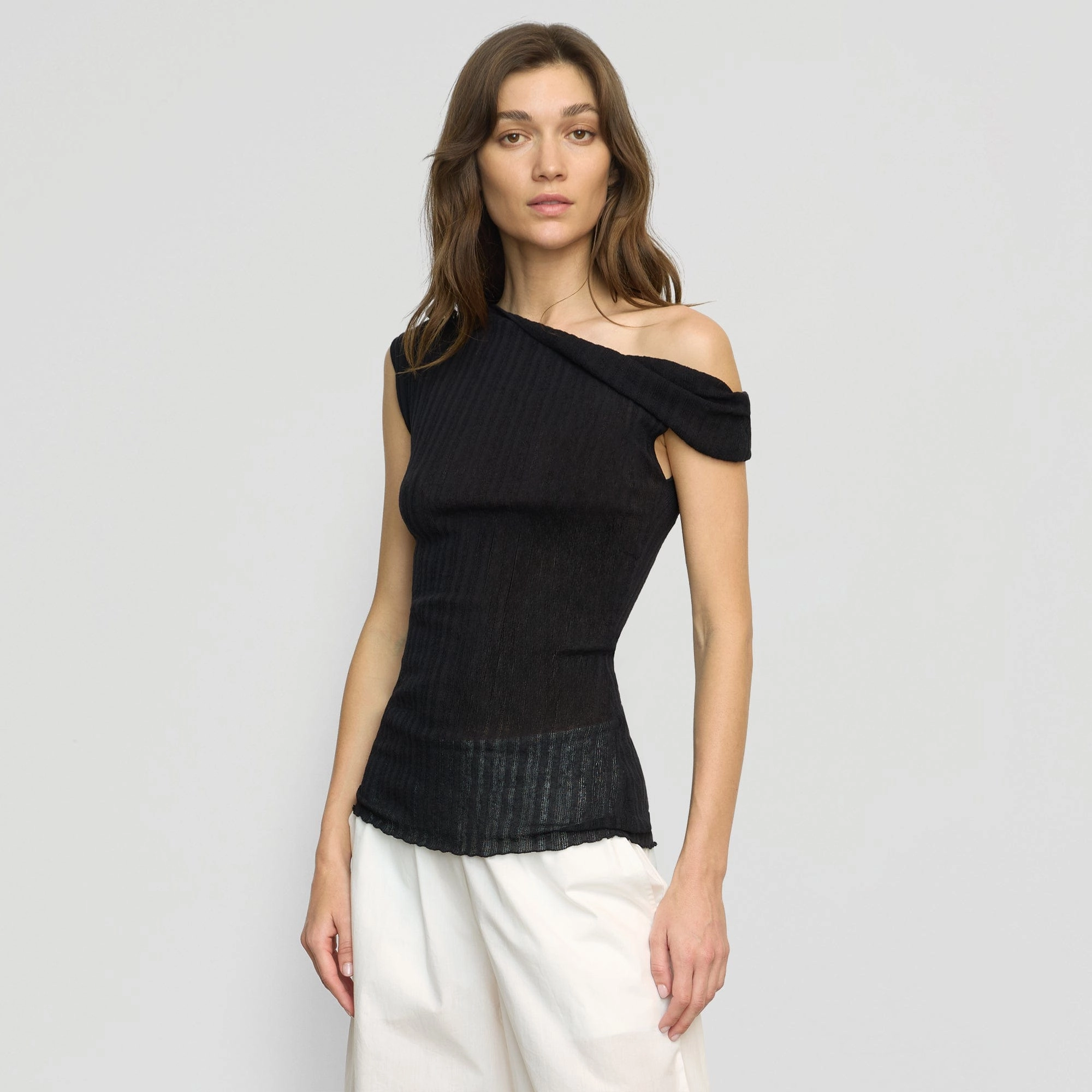 Saba Off-Shoulder Semi-Sheer Knit Top OversizedFit MicroPerforated Details