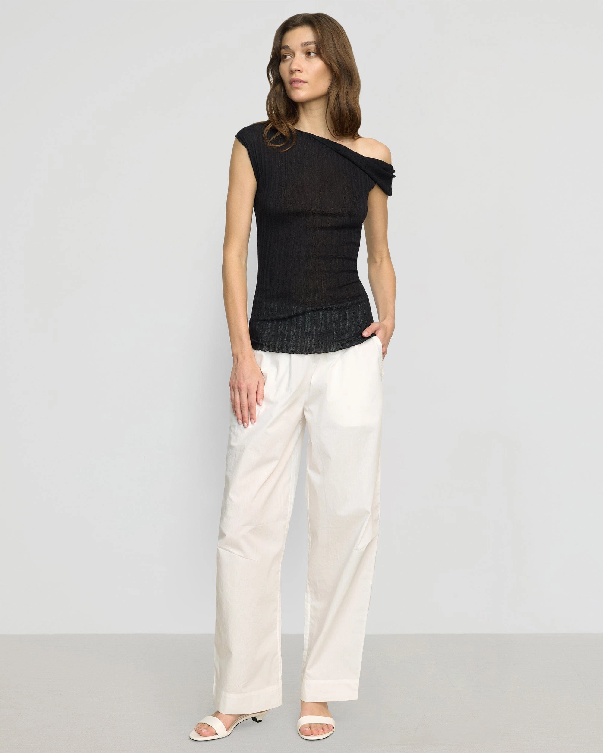 Saba Off-Shoulder Semi-Sheer Knit Top MinimalistAesthetic RawHemDetail