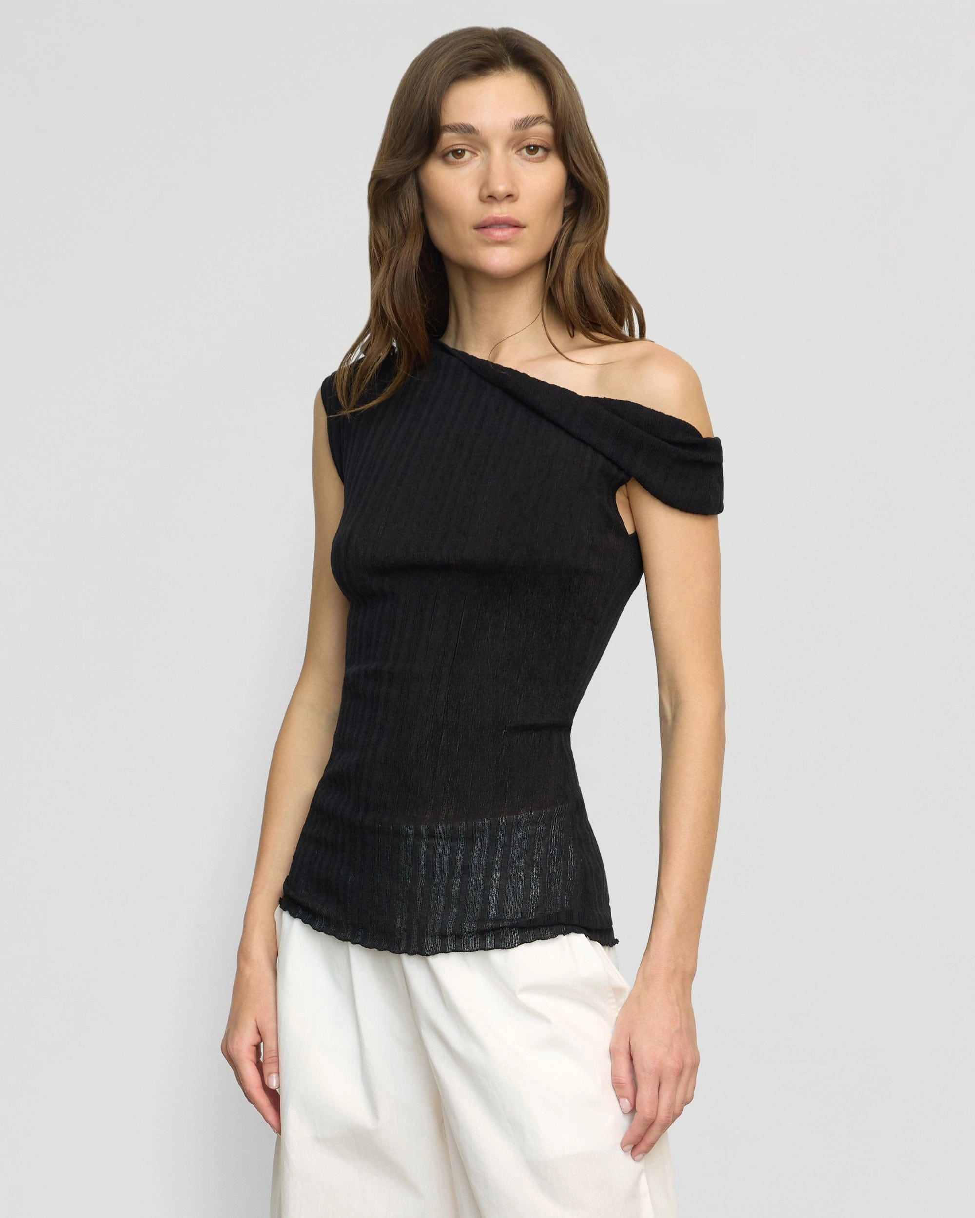 Saba Off-Shoulder Semi-Sheer Knit Top NonToxicCoating Yarn Dyed Stripes