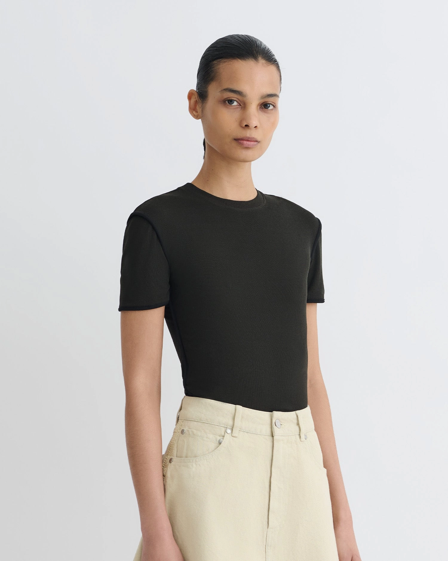Sabelle - Cropped Mesh Jersey T-Shirt - Antracite/Black EasyCare Fabric SlimFit