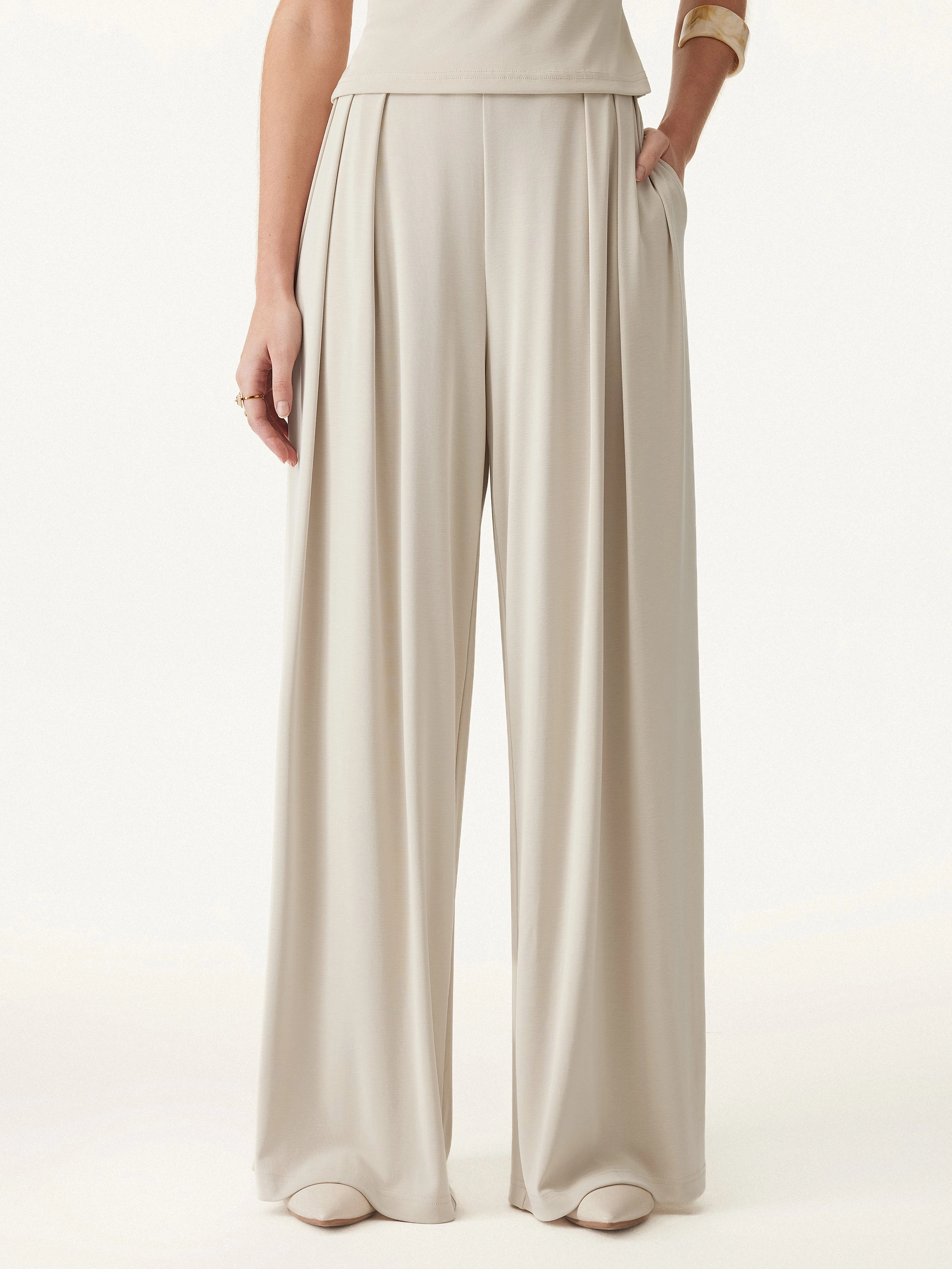 Movement Ready Sandwashed Mid Rise Pleated Wide Leg Palazzo Pants with Pockets
