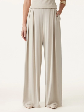 Tapered Look ReflectiveTrim Sandwashed Mid Rise Pleated Wide Leg Palazzo Pants with Pockets