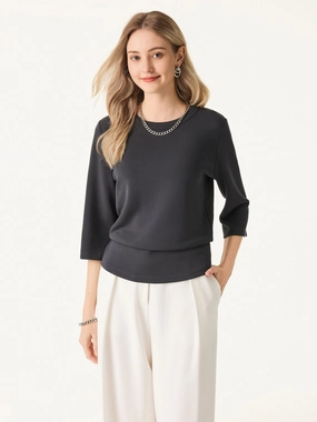 Sandwashed Spacer Crewneck 3/4 Sleeve Top Layered Hem Detailing
