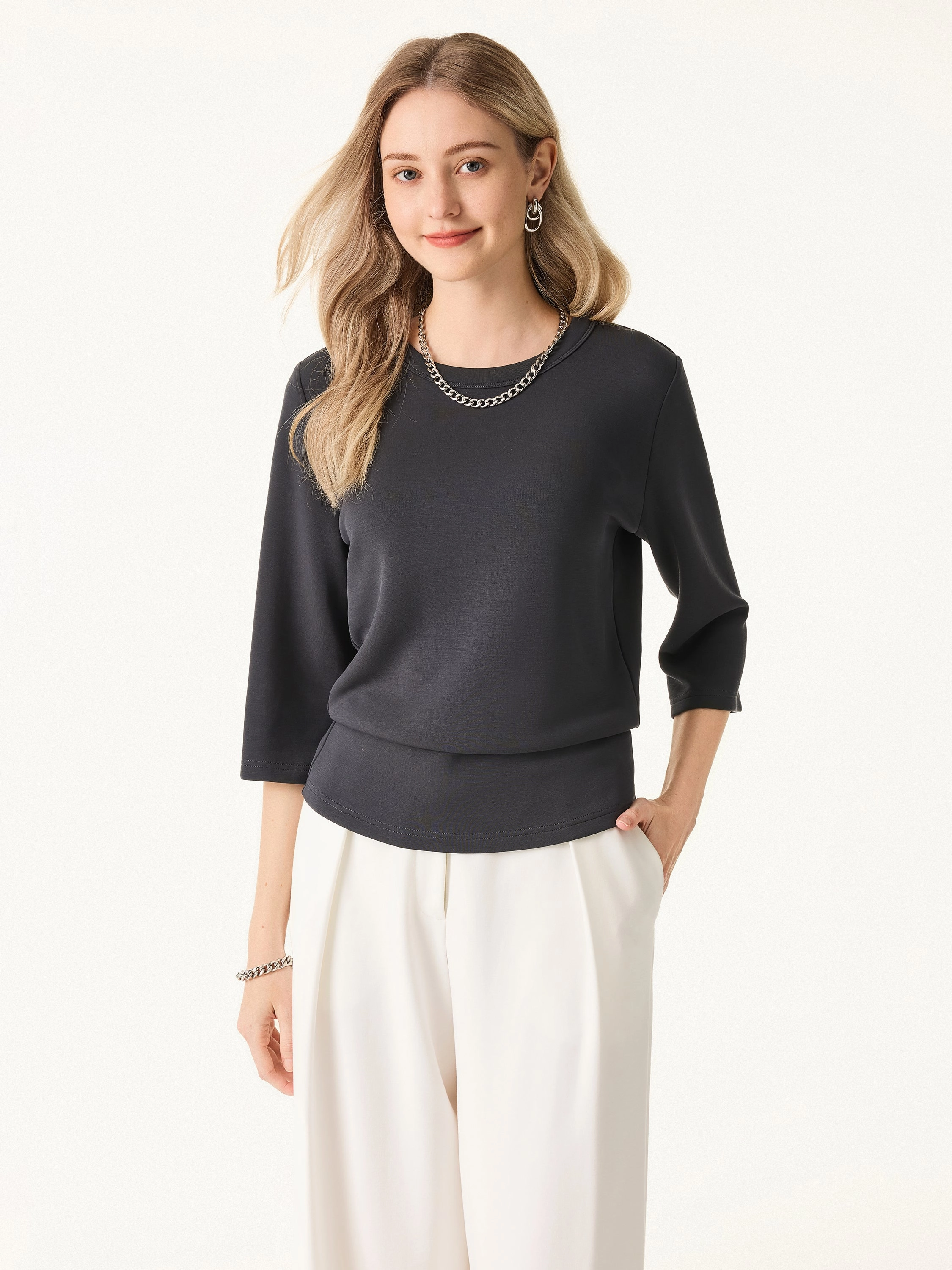 Sandwashed Spacer Crewneck 3/4 Sleeve Top Warm Layer Non Irritating Seams