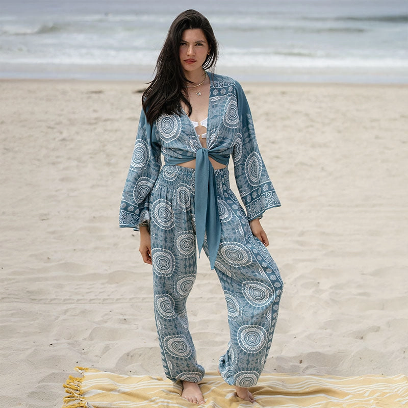 Two Tone Weave Durable Fiber Blend Sapphire Beach Daydreamer Top   Harem Pants Set
