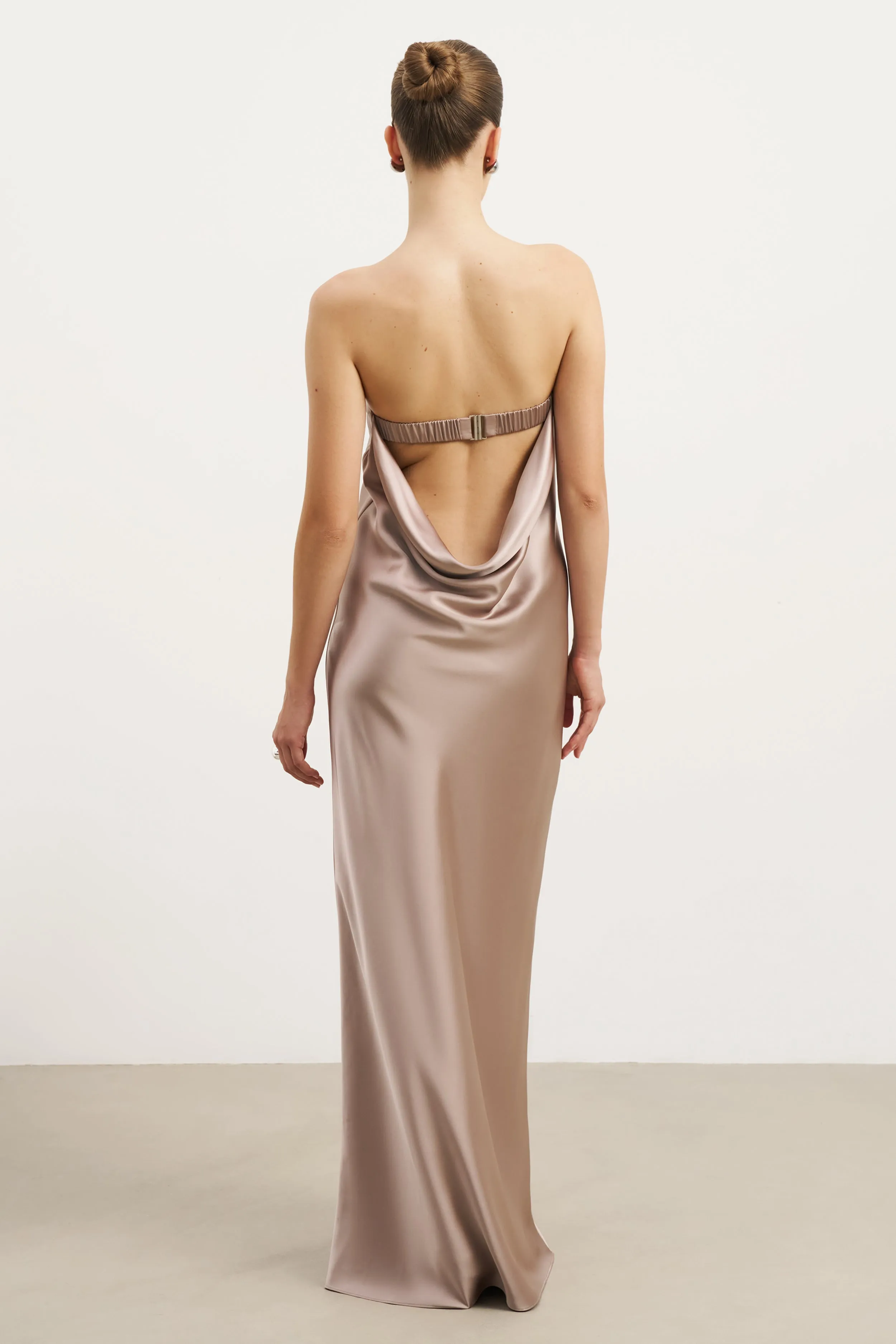 Satin Cowl Back Maxi Dress - Taupe Unlined Look Indoor Event