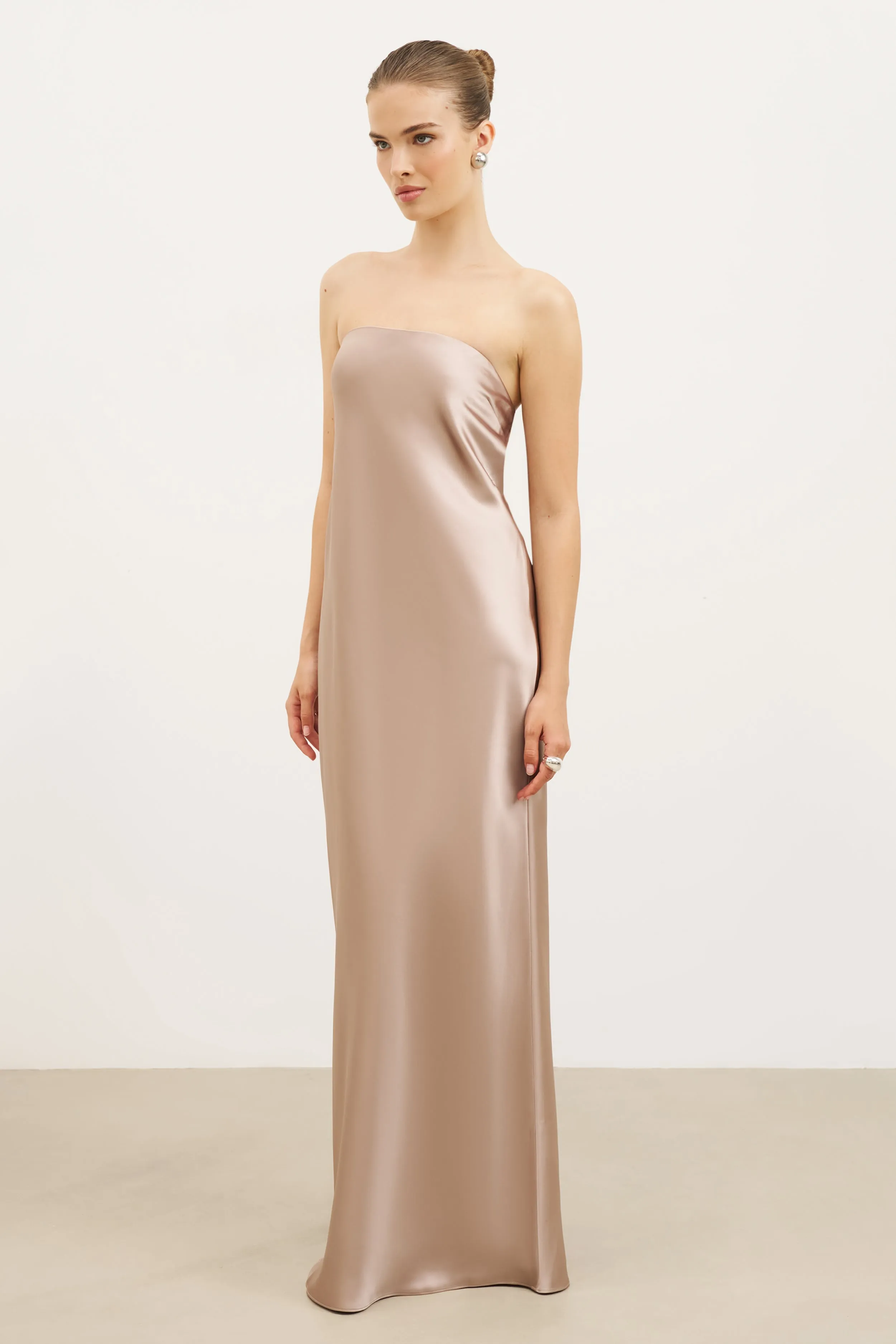 Cozy Balance Satin Cowl Back Maxi Dress - Taupe