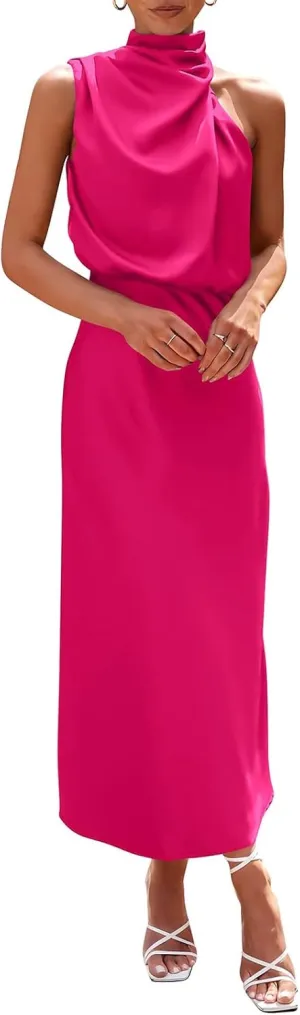Satin Dress for Women Elegant Formal Sleeveless Mock Neck Wedding Guest Maxi Dresses Tie Waist Cocktail Party Dresses