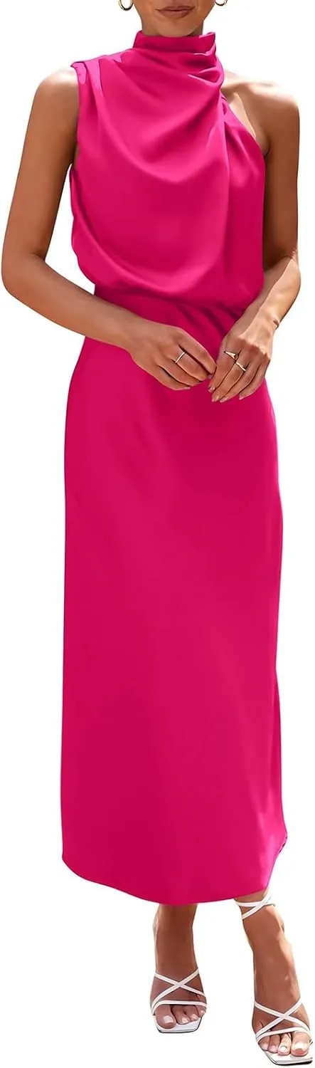 Satin Dress for Women Elegant Formal Sleeveless Mock Neck Wedding Guest Maxi Dresses Tie Waist Cocktail Party Dresses