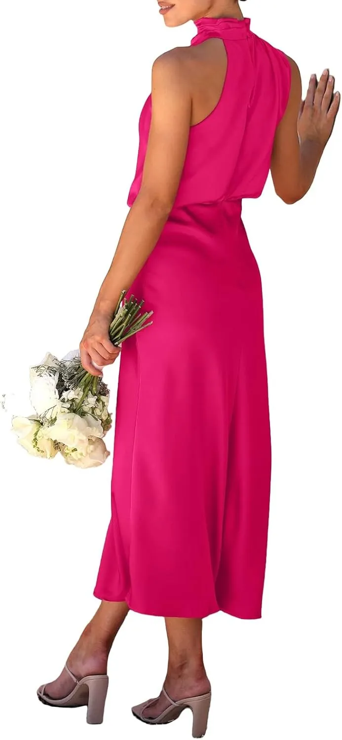 Satin Dress for Women Elegant Formal Sleeveless Mock Neck Wedding Guest Maxi Dresses Tie Waist Cocktail Party Dresses