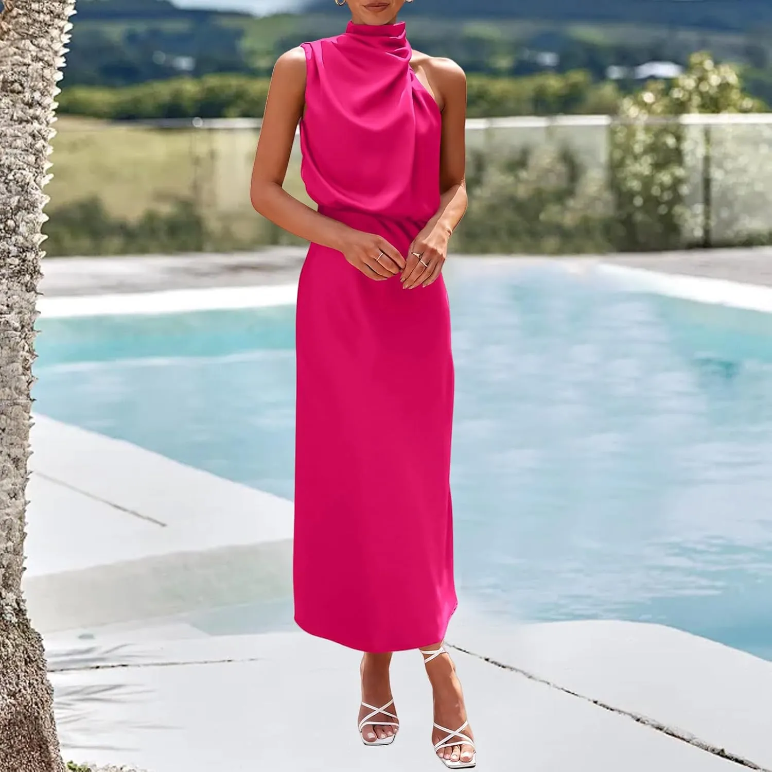 Satin Dress for Women Elegant Formal Sleeveless Mock Neck Wedding Guest Maxi Dresses Tie Waist Cocktail Party Dresses