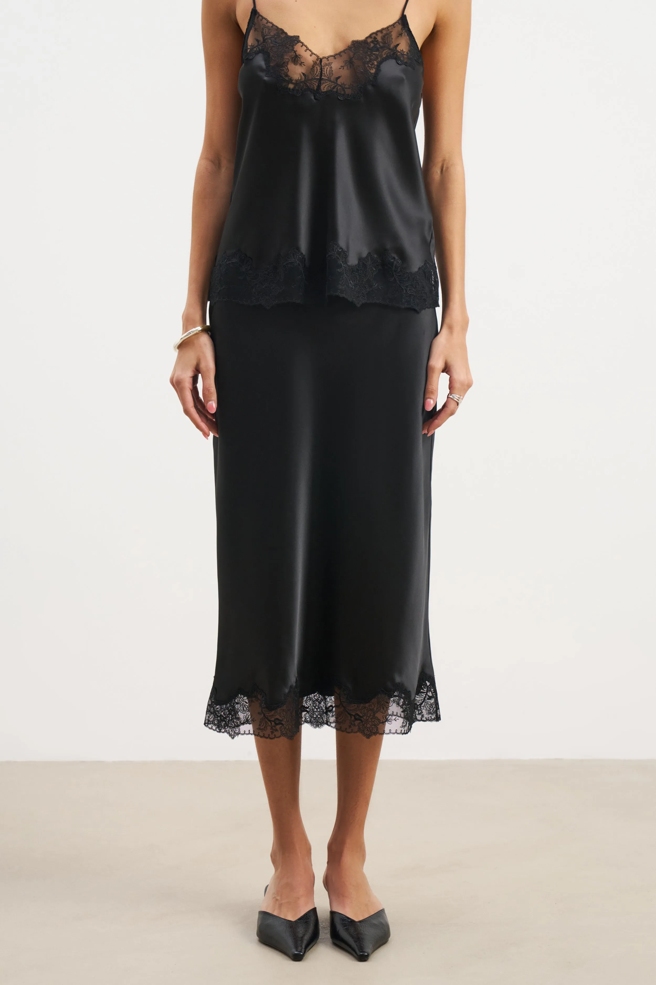 Layer Combo Satin Lace Detail Midi Skirt - Black