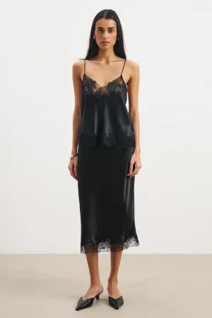 Influencer Style Soft Focus Satin Lace Detail Midi Skirt - Black