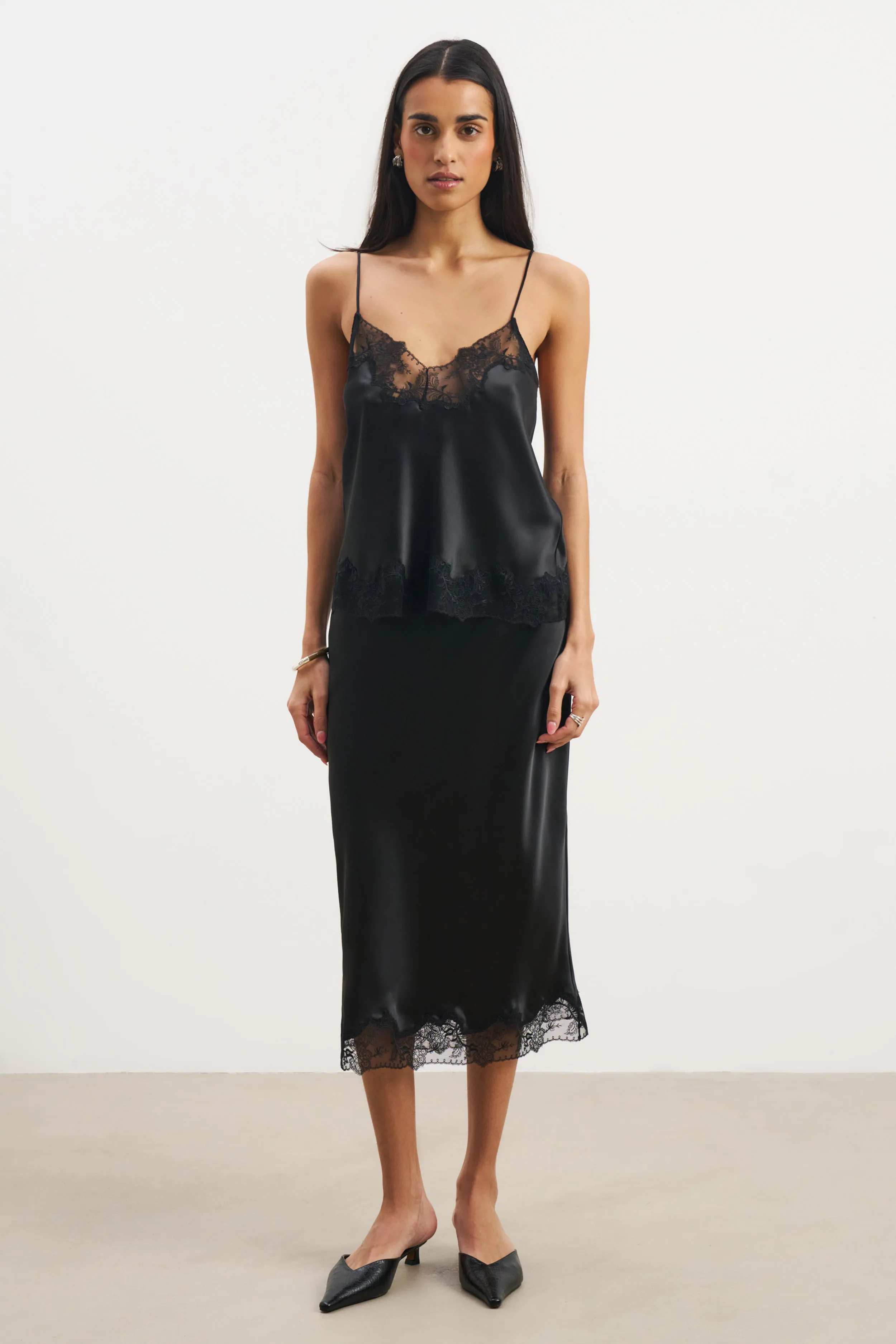 Influencer Style Soft Focus Satin Lace Detail Midi Skirt - Black