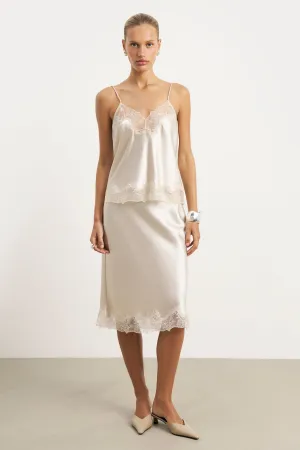 Satin Lace Detail Midi Skirt - Champagne Non Irritating Texture