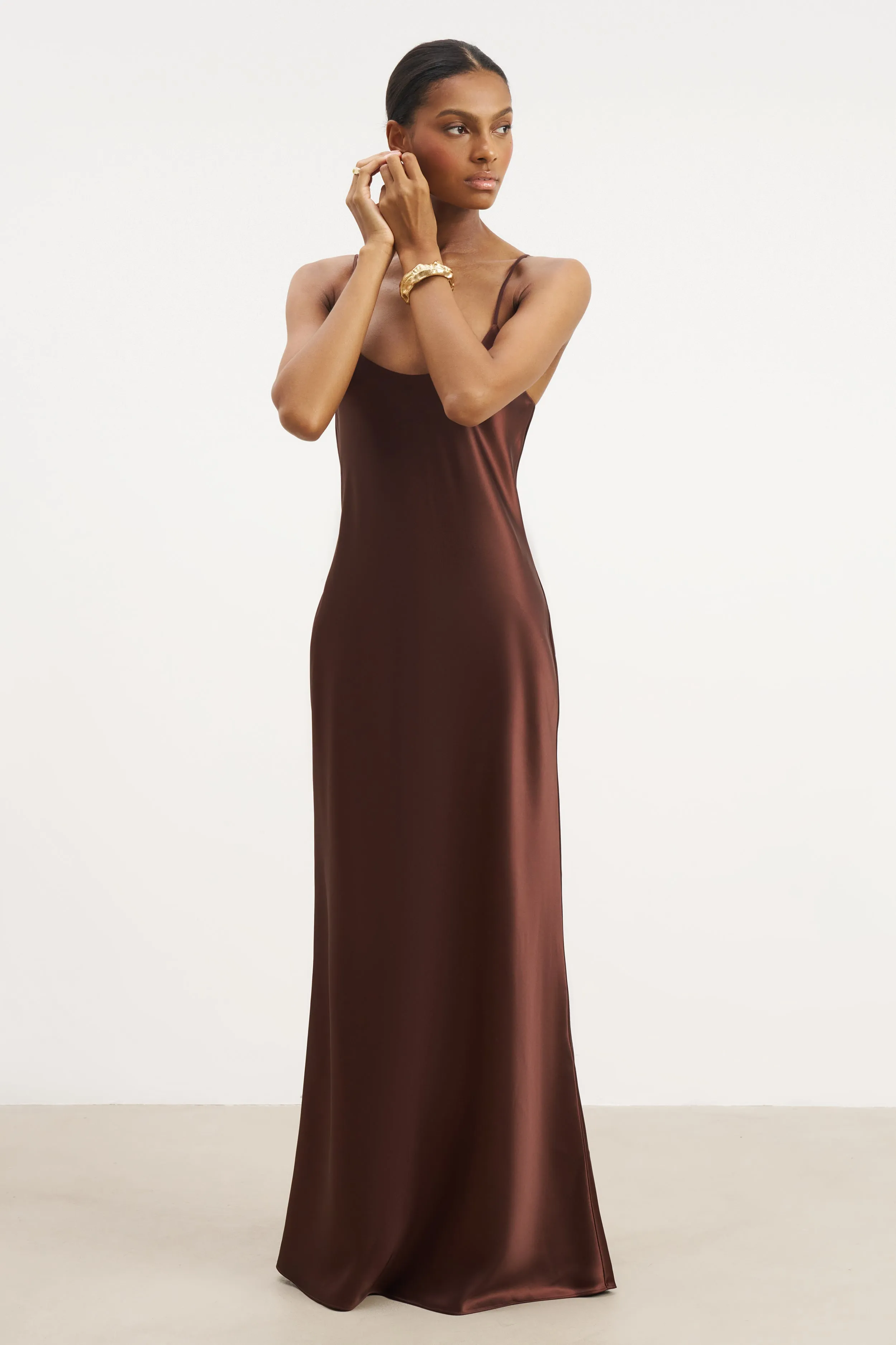 Seasonal Style Urban Light Satin Scoop Neck Camisole Maxi Dress - Carob