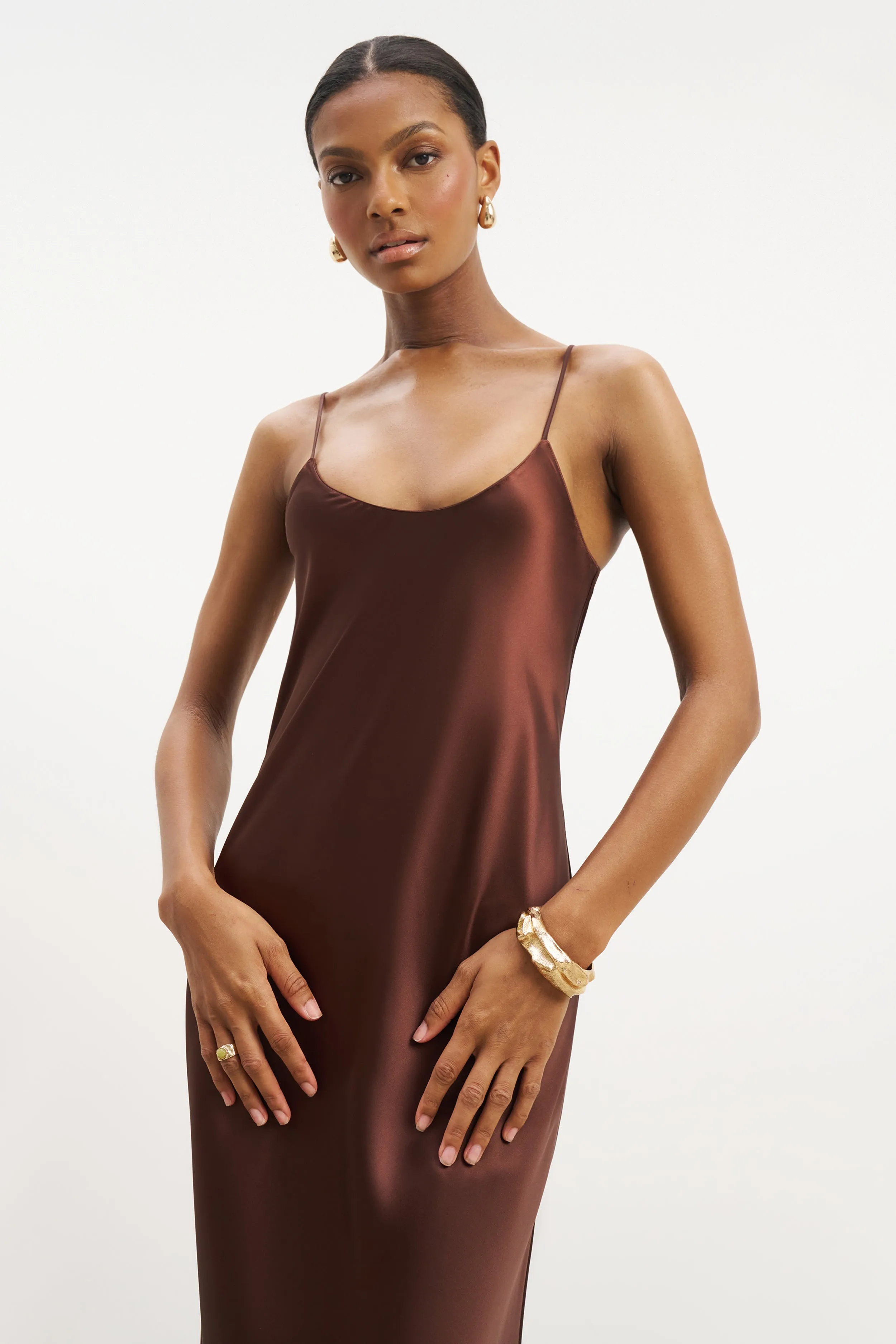 Form Fitting Satin Scoop Neck Camisole Maxi Dress - Carob