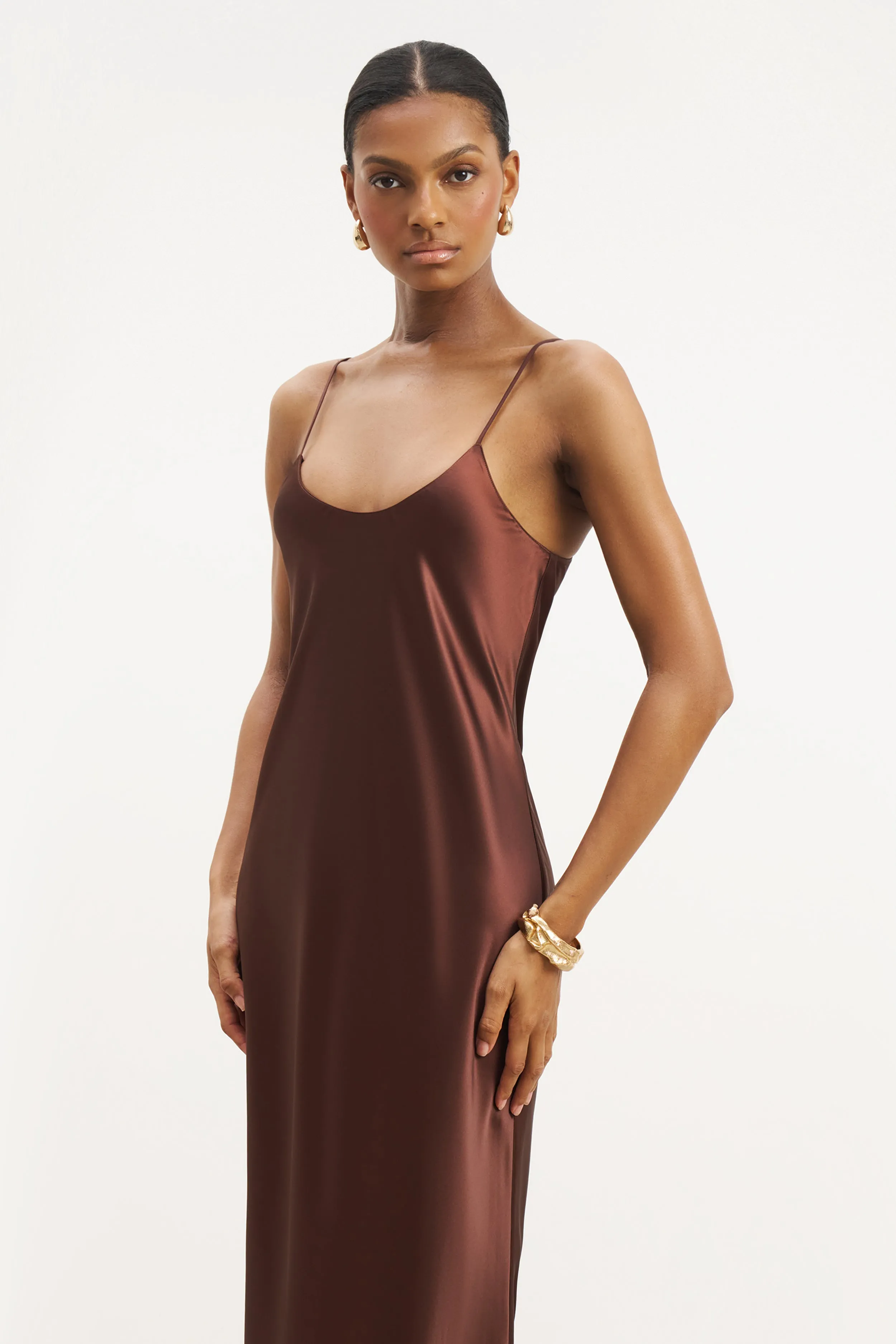 Mixed Fabric Satin Scoop Neck Camisole Maxi Dress - Carob