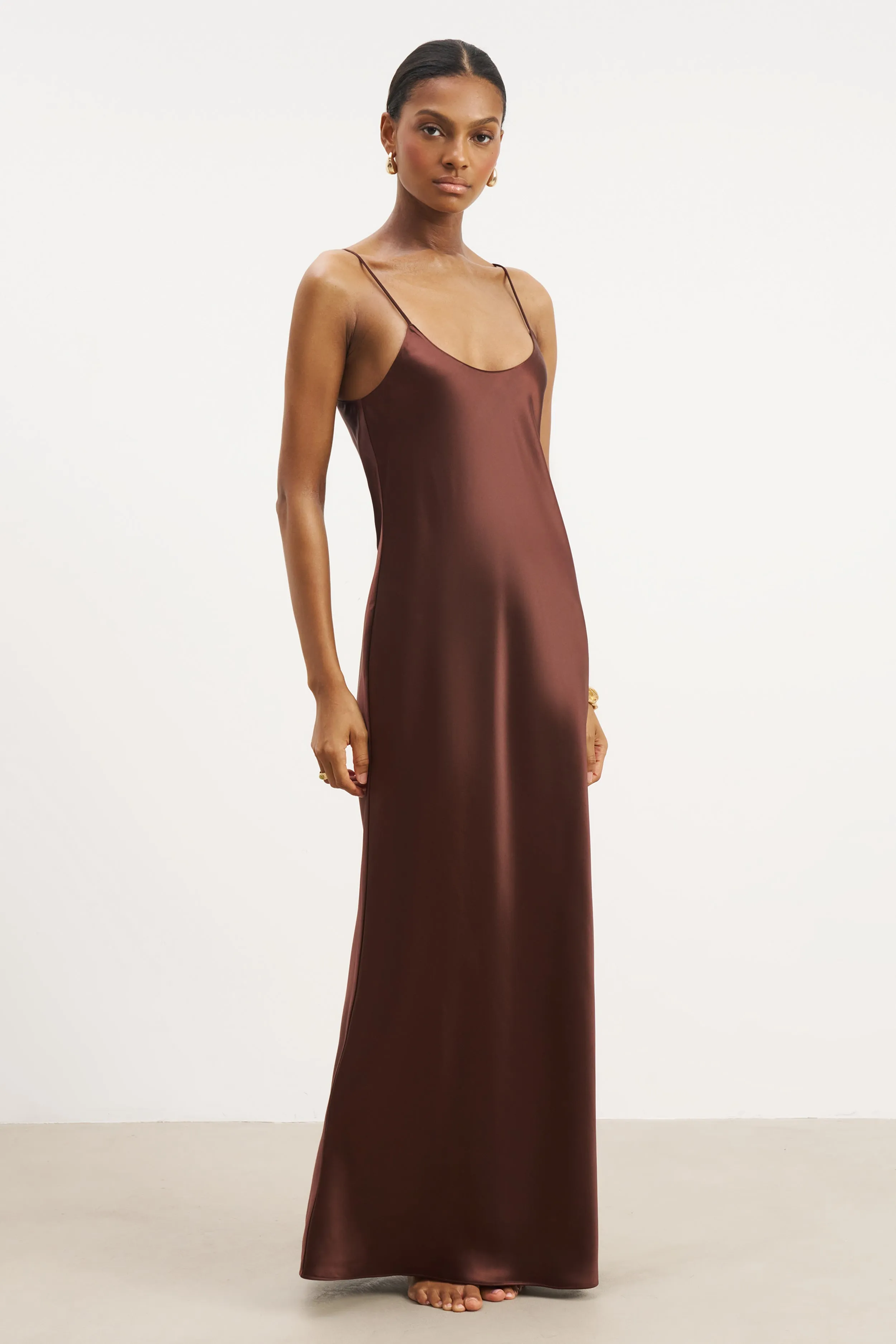 Sleek and Flattering Satin Scoop Neck Camisole Maxi Dress - Carob