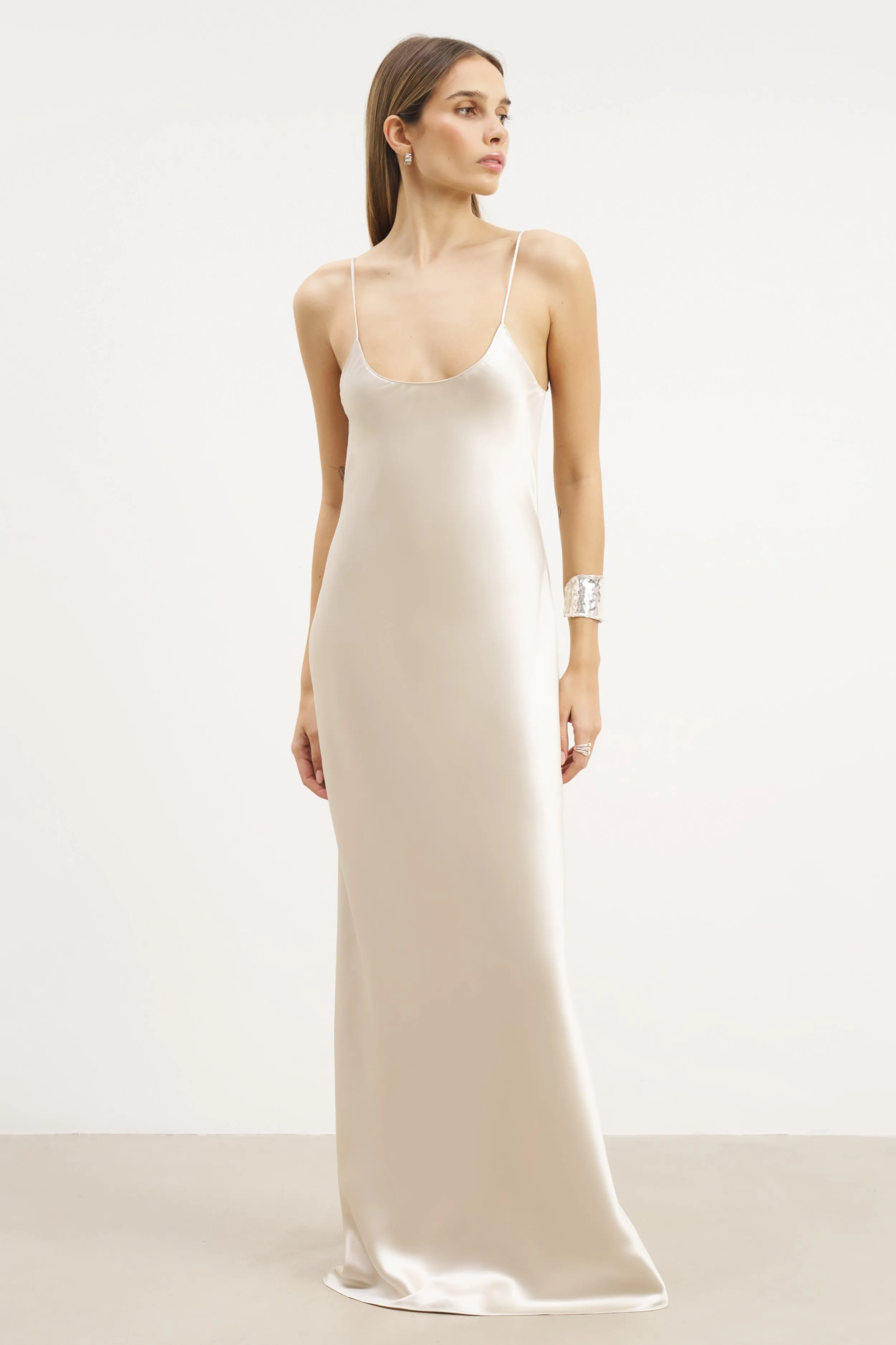 Floral design Quiet Mood Satin Scoop Neck Camisole Maxi Dress - Champagne