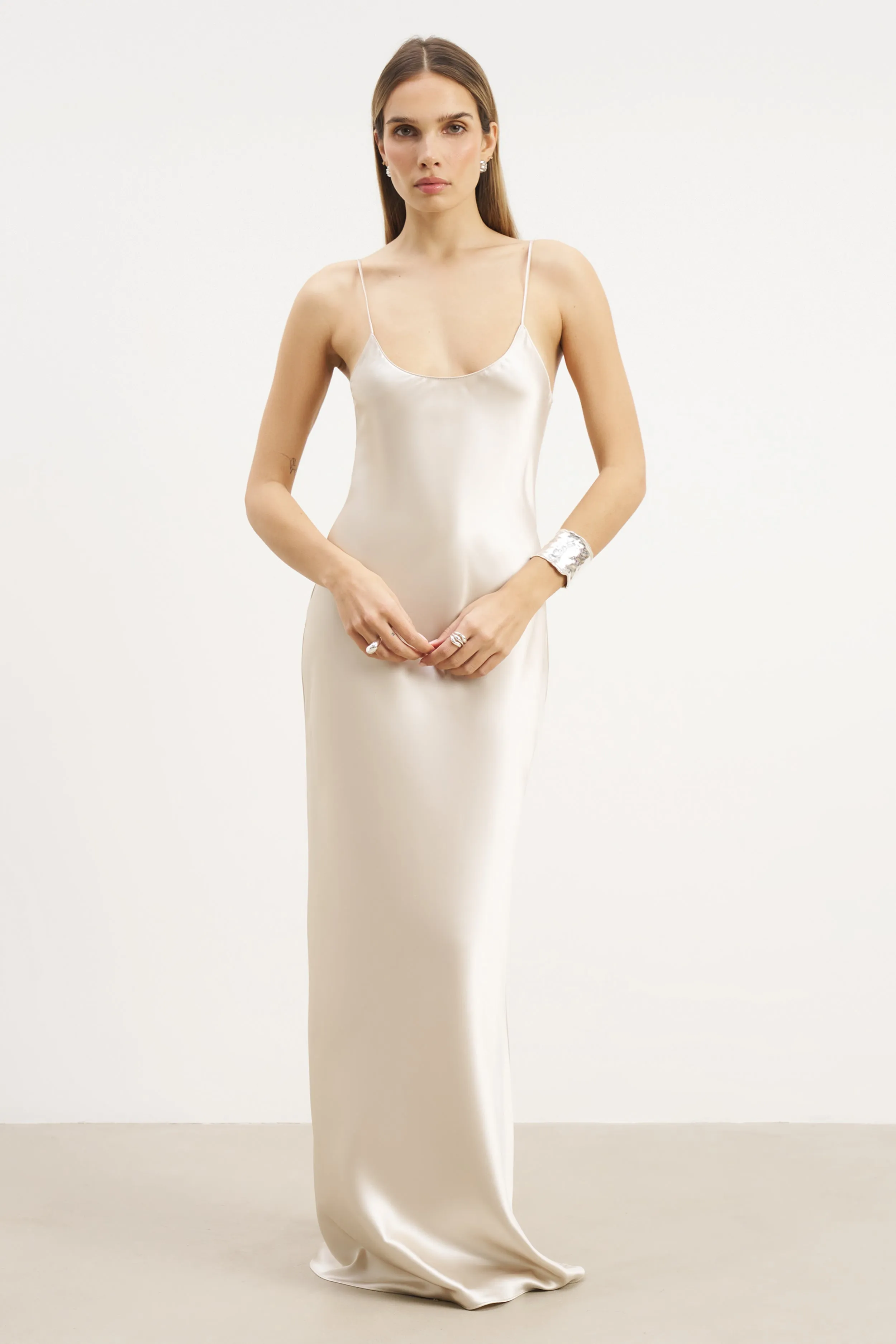 Sophisticated Appeal Comfy Style Satin Scoop Neck Camisole Maxi Dress - Champagne