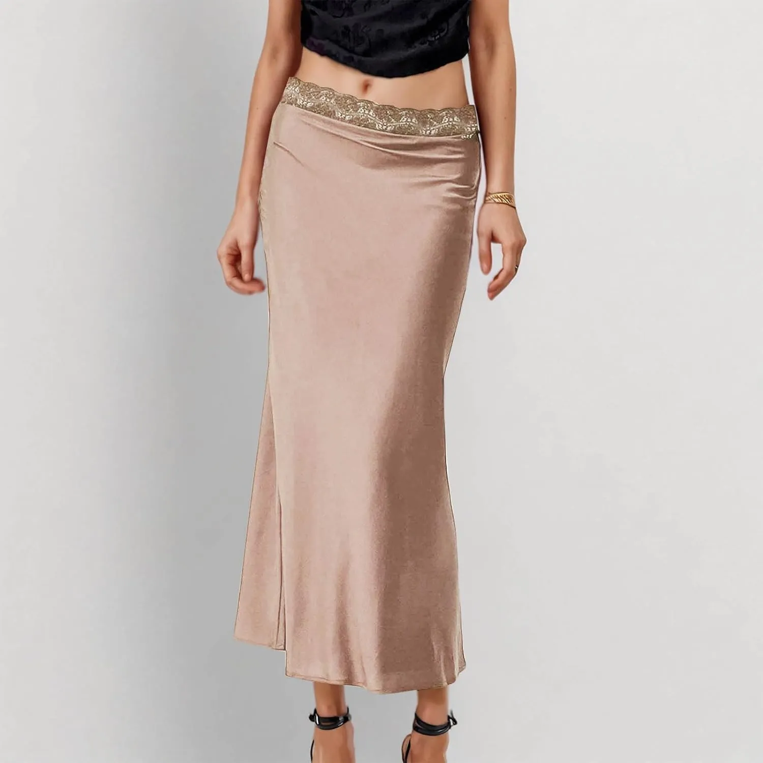 Satin Silk Maxi Skorts Women Summer Dressy Lace High Waist A Line Flared Skirt Casual Fashion Elagant Flowy Skirts