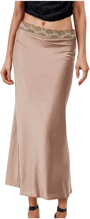 Satin Silk Maxi Skorts Women Summer Dressy Lace High Waist A Line Flared Skirt Casual Fashion Elagant Flowy Skirts