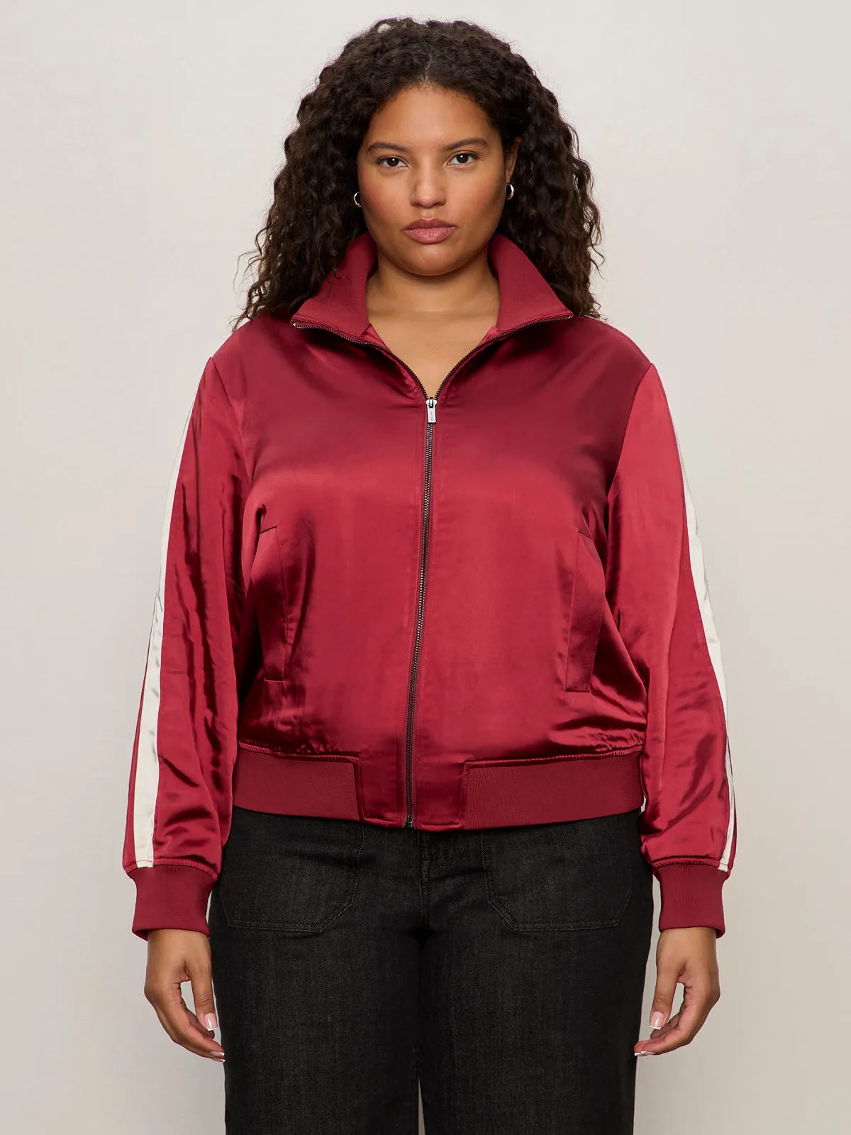 Satin Track Jacket Crimson Extended Sizing Multi Pocket Design