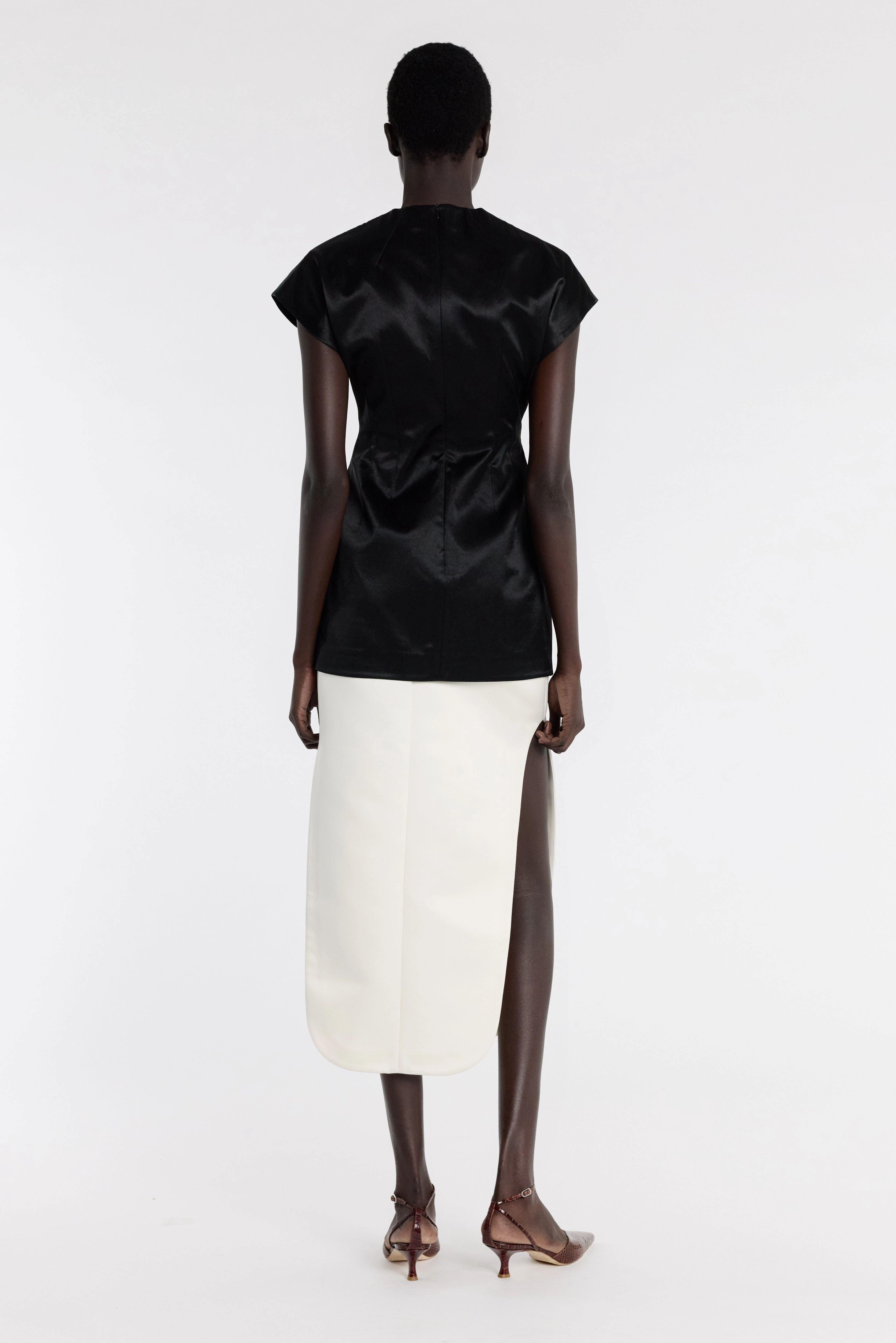 Ribbed Knit Fabric Satin Top With Rectangle Detail Black