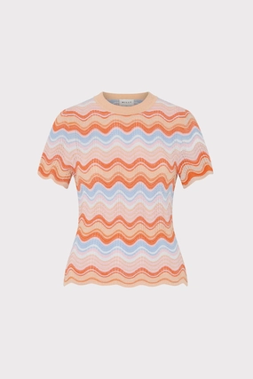 Circular Knit Pattern Scallop Wave Short Sleeve Top