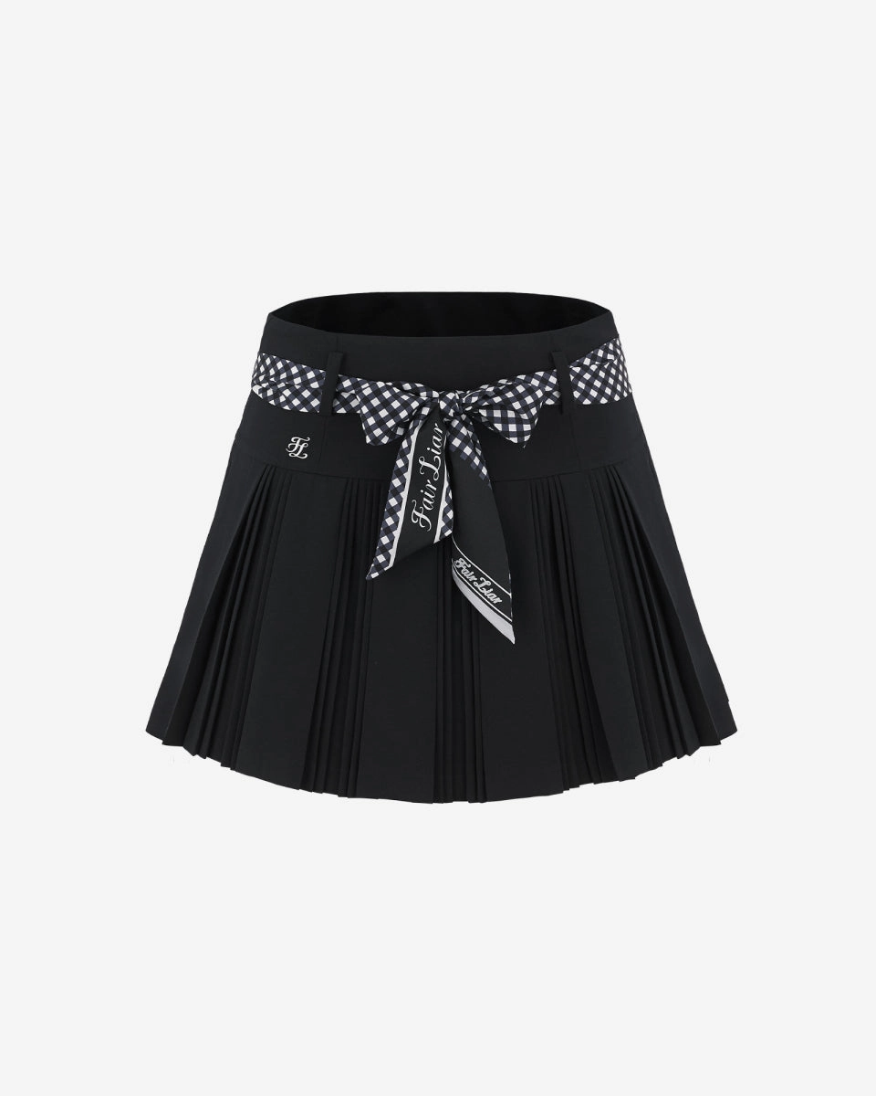 Scarf Set Pleated Skirt - Black Wrap style Cuffed hem