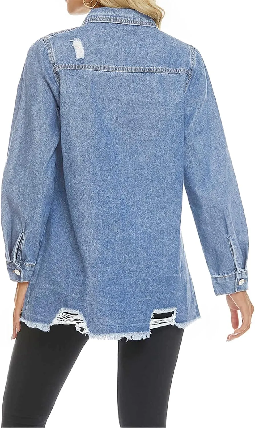 SCOFEEL Women Denim Shirt Jacket Long Sleeve Shacket Coat Distressed Washed Ripped Frayed Hem Jean Jacket