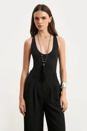 Scoop Neck Racer Bodysuit - Black Tagless Neckline