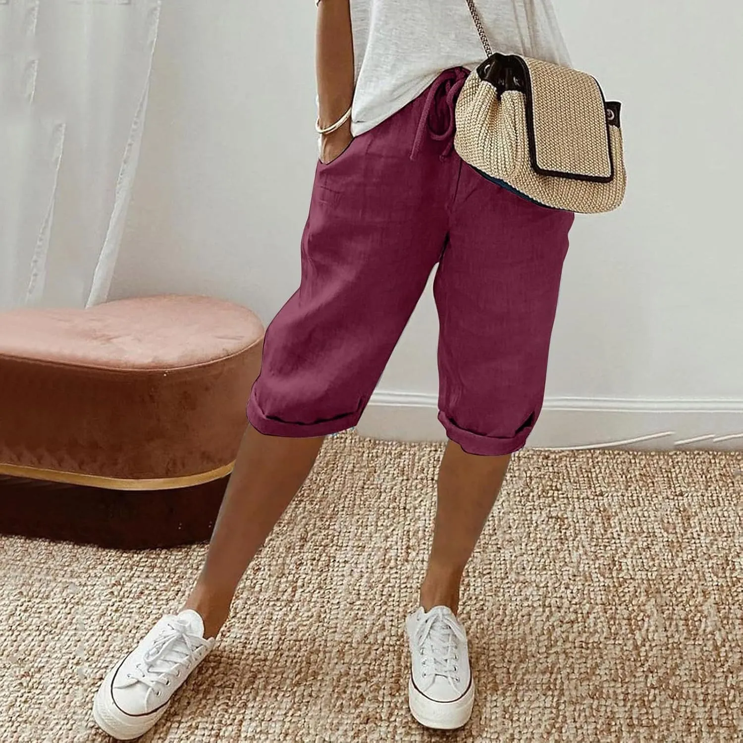 sdbrld Bermuda Shorts for Women Casual Summer,Womens Bermuda Shorts Plus SizeFashion Long Shorts Loose Elastic Waist Shorts