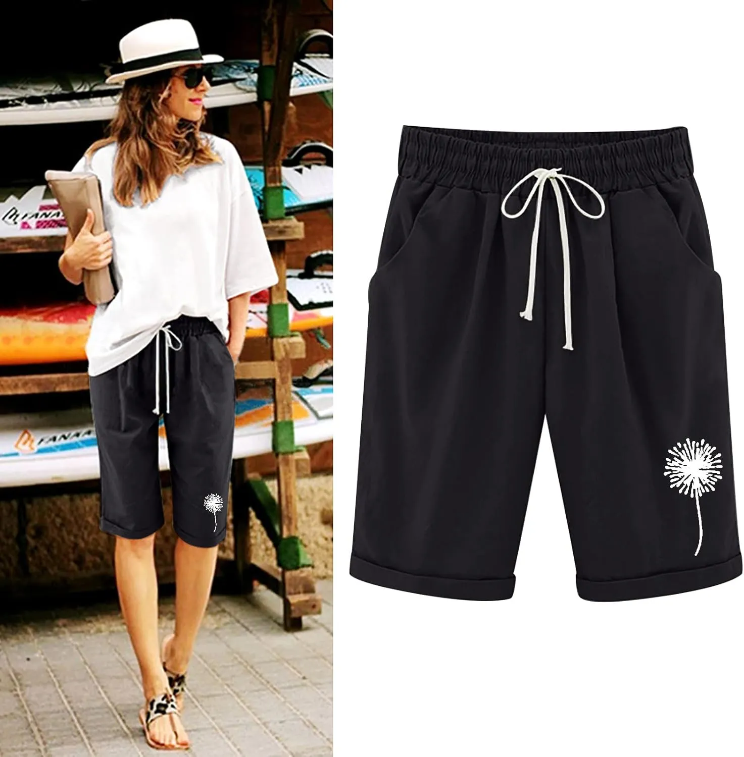 sdbrld Bermuda Shorts for Women Casual Summer,Womens Bermuda Shorts Plus SizeFashion Long Shorts Loose Elastic Waist Shorts