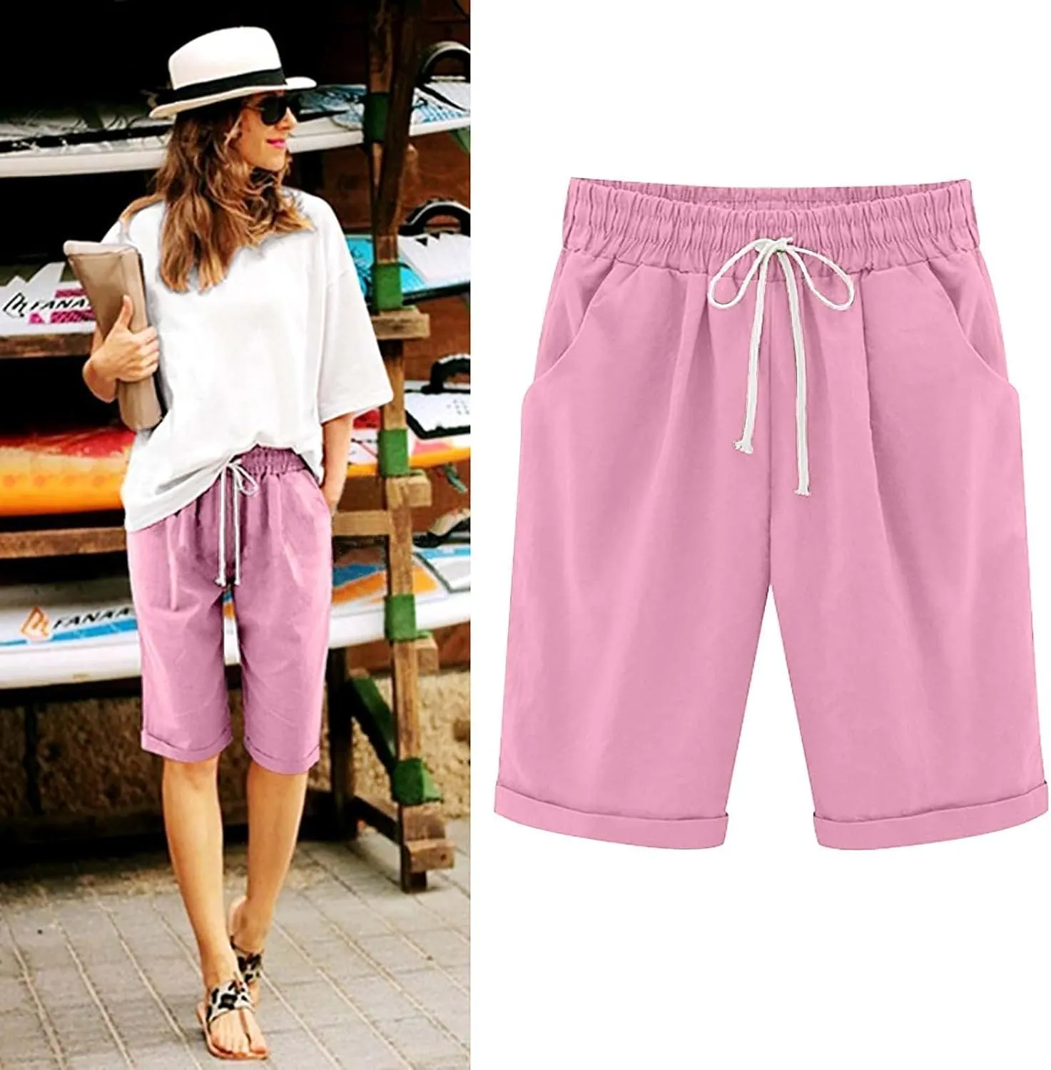 sdbrld Bermuda Shorts for Women Casual Summer,Womens Bermuda Shorts Plus SizeFashion Long Shorts Loose Elastic Waist Shorts