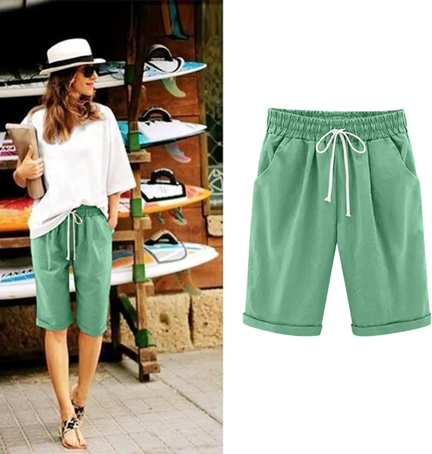 sdbrld Bermuda Shorts for Women Knee Length,Womens Bermuda Shorts with Pockets Casual Summer Elastic Waisted Bermuda Shorts