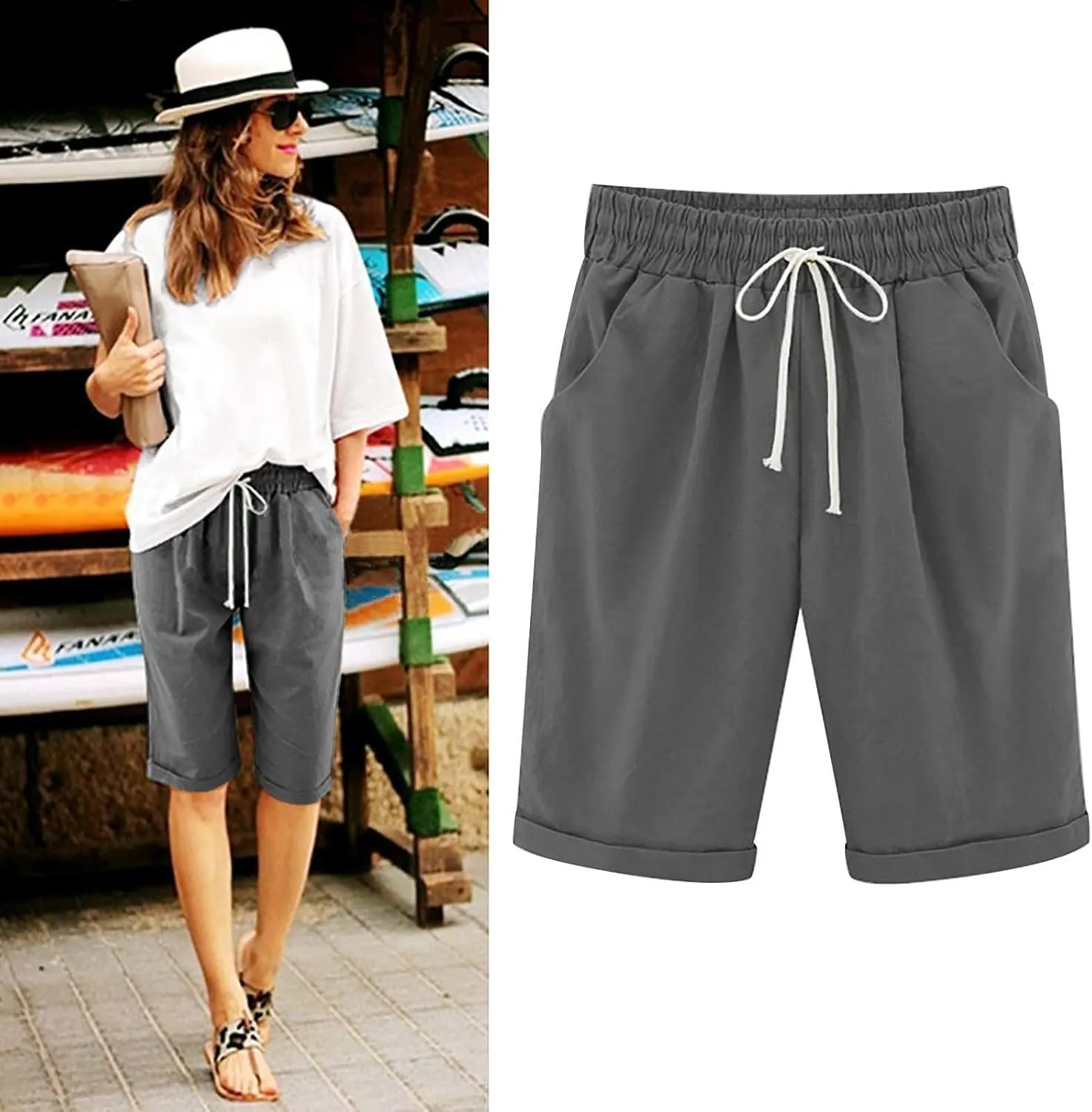 sdbrld Bermuda Shorts for Women Knee Length,Womens Bermuda Shorts with Pockets Casual Summer Elastic Waisted Bermuda Shorts