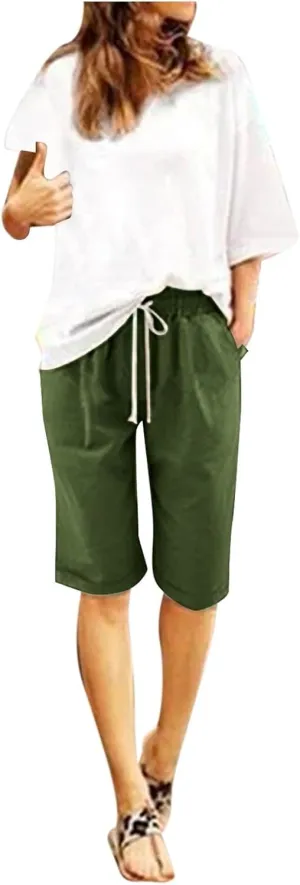 sdbrld Bermuda Shorts for Women Knee Length,Womens Bermuda Shorts with Pockets Casual Summer Elastic Waisted Bermuda Shorts