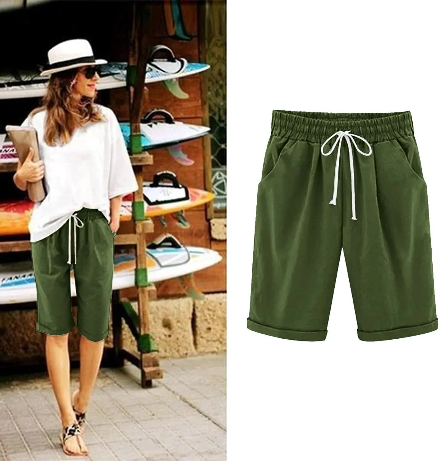 sdbrld Bermuda Shorts for Women Knee Length,Womens Bermuda Shorts with Pockets Casual Summer Elastic Waisted Bermuda Shorts