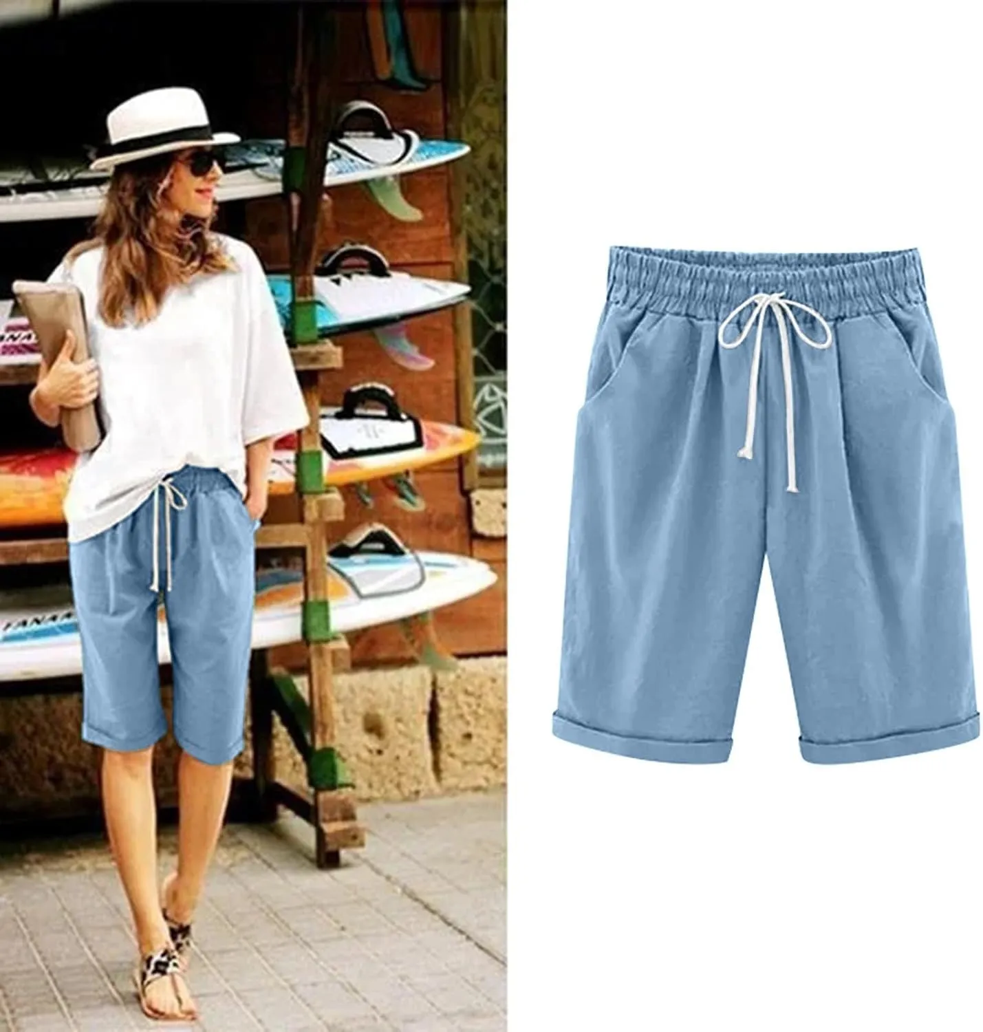 sdbrld Bermuda Shorts for Women Knee Length,Womens Bermuda Shorts with Pockets Casual Summer Elastic Waisted Bermuda Shorts