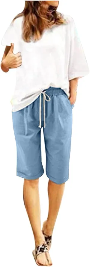 sdbrld Bermuda Shorts for Women Knee Length,Womens Bermuda Shorts with Pockets Casual Summer Elastic Waisted Bermuda Shorts