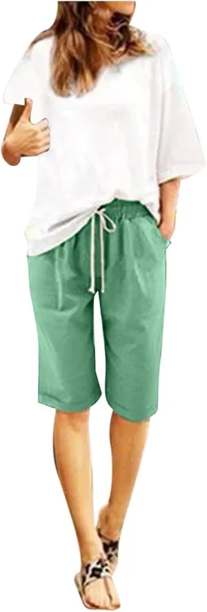 sdbrld Bermuda Shorts for Women Knee Length,Womens Bermuda Shorts with Pockets Casual Summer Elastic Waisted Bermuda Shorts