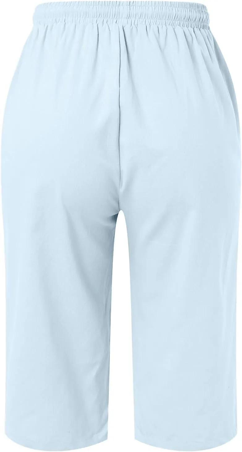 sdbrld Linen Shorts for Women High Waisted Plus Size Knee-Length Bermuda Shorts 2024 Drawstring Casual Summer Shorts w/Pocket
