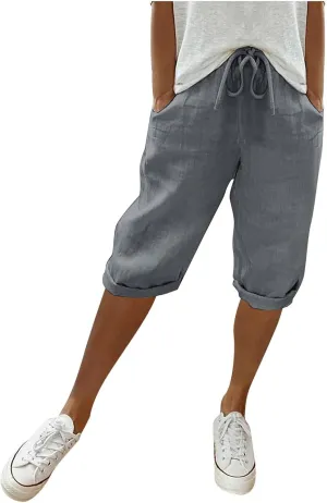 sdbrld Linen Shorts for Women High Waisted Plus Size Knee-Length Bermuda Shorts 2024 Drawstring Casual Summer Shorts w/Pocket