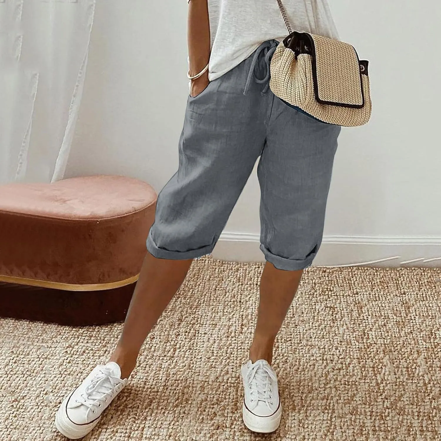 sdbrld Linen Shorts for Women High Waisted Plus Size Knee-Length Bermuda Shorts 2024 Drawstring Casual Summer Shorts w/Pocket